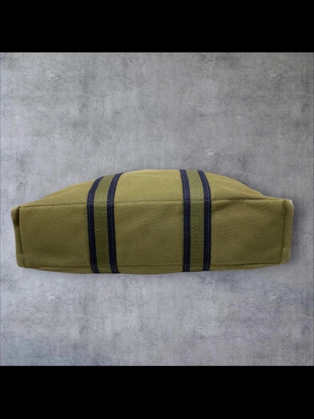 Hermes Olive Green Canvas Tote with Navy Stripe Handles